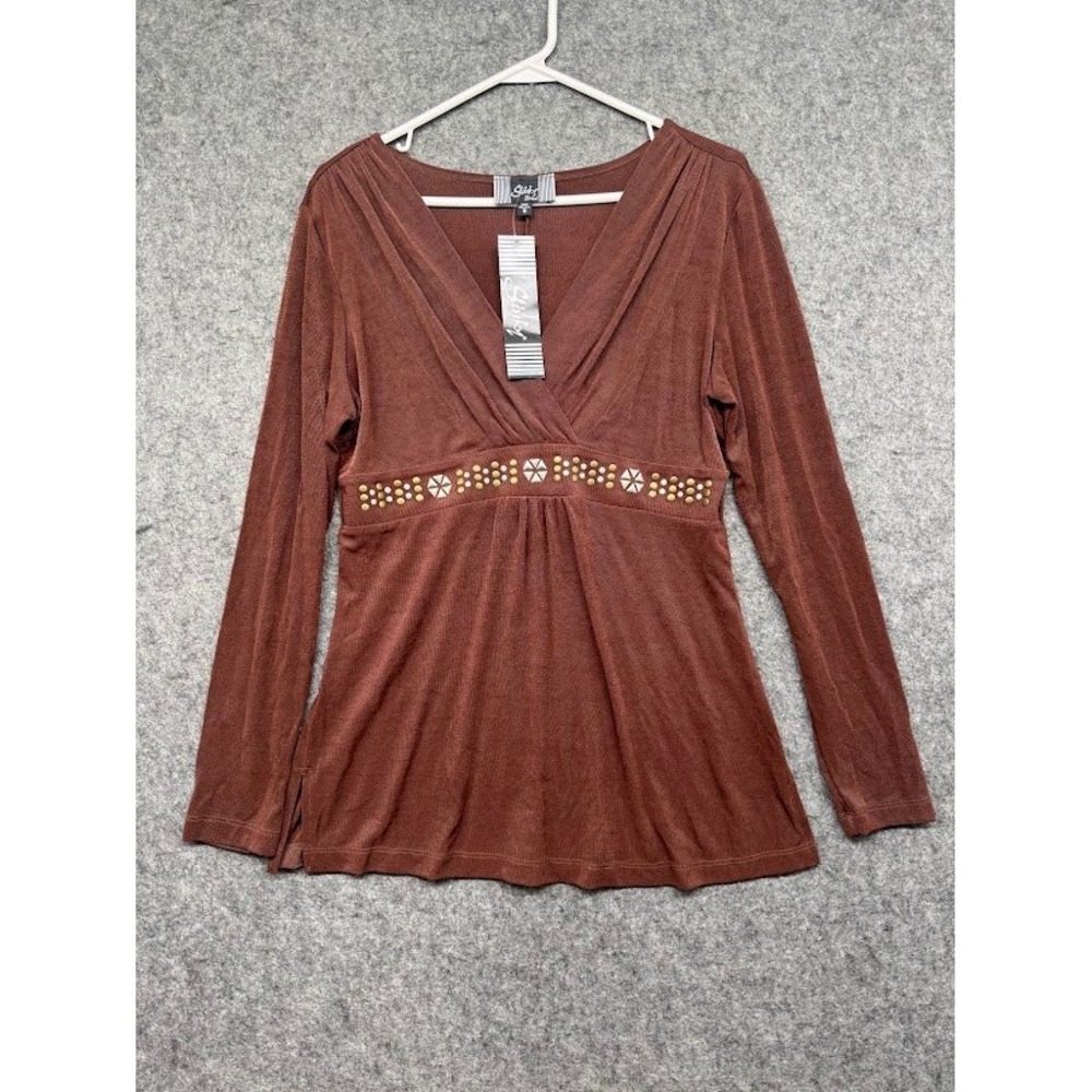 Slinky Brand Brown Knit Empire Waist Studded V-Neck Long Sleeve Top Womens Small